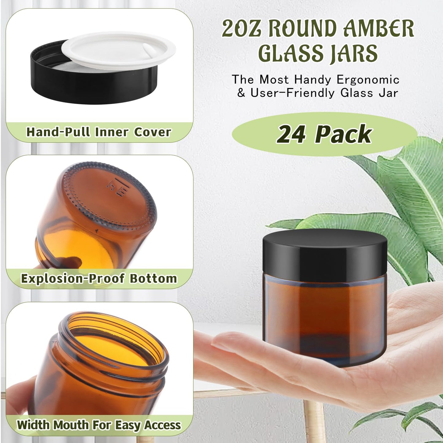 DMuuuDM Small Glass Jars with Black Lids,24 Pack Amber Empty Round Glass Jar with Inner Liners for Creams,Lotions,Body Butter,Salves Ointments,Bath Salts,Powders,Travel Liquid Container (2oz)