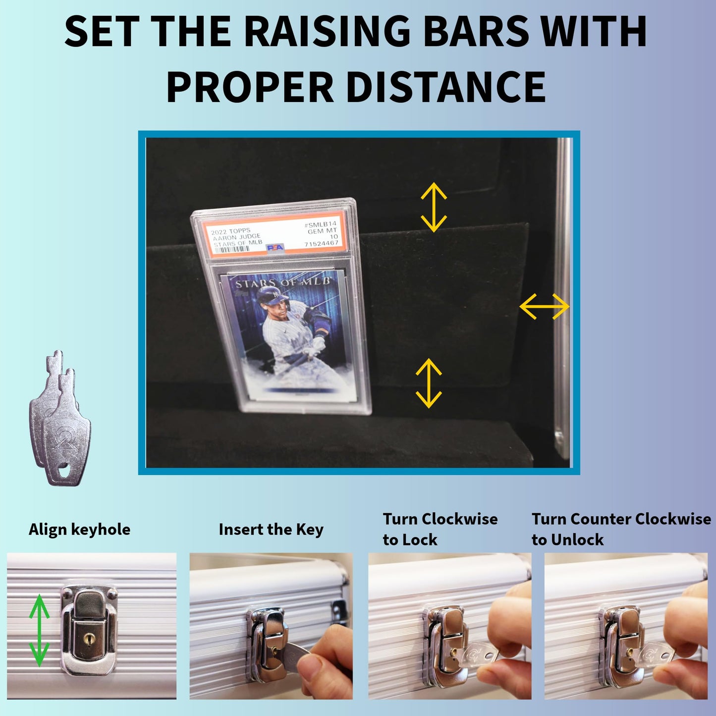 Professional Large Card Display Case (5 Card Riser Bars, Built-in Prop Rod and 80 Stickers) | 34 x 22 inches | Tabletop TradeShow Display Case for Sports Cards & Trading Cards | Aluminum Frame -Silver