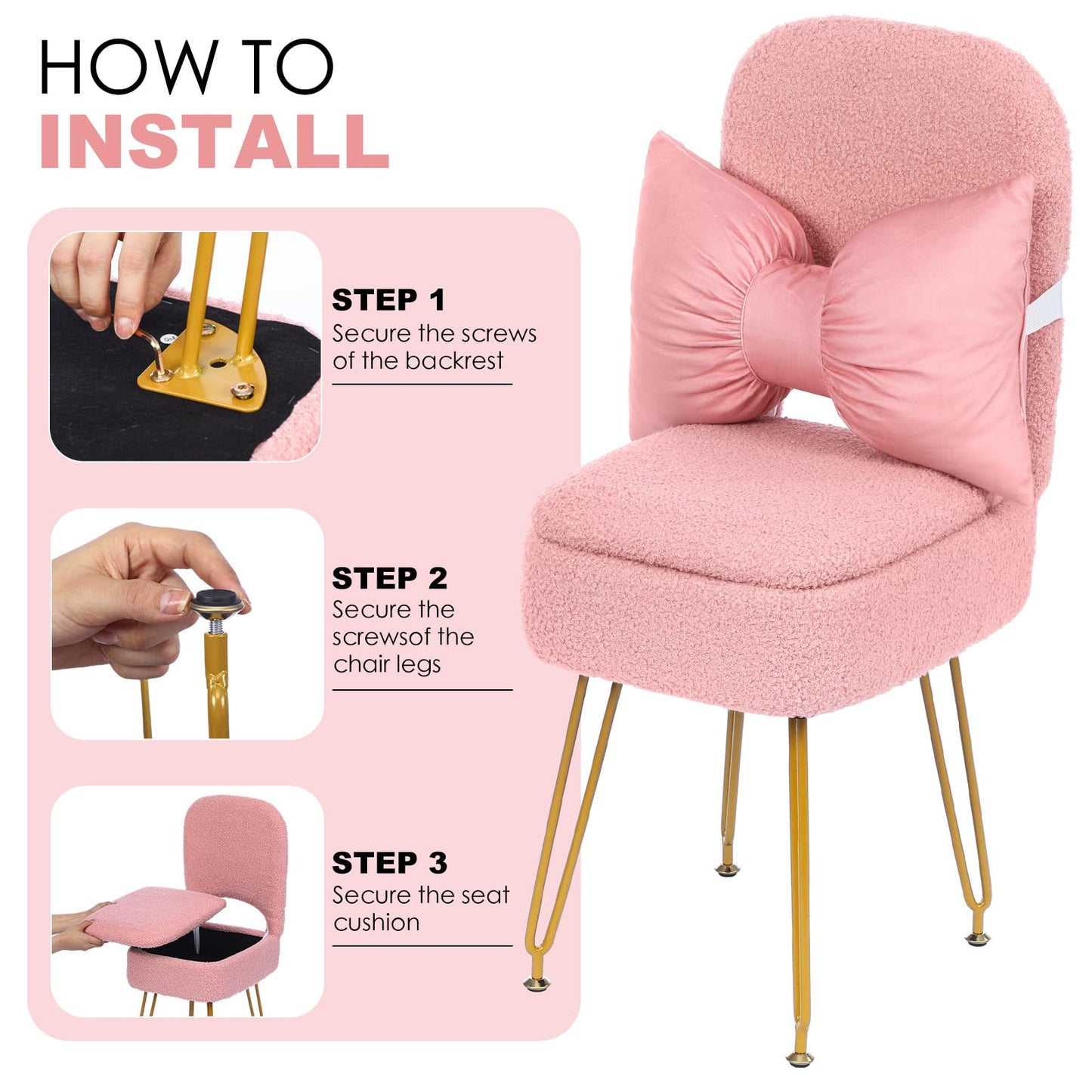 Novabright Small Vanity Stool Chair with Storage and Back Faux Fur Soft Ottoman Pink Bow Makeup Vanity Chair 13" x 14" x 30" Cute Small 4 Metal Leg for Makeup Bedroom Living Room Dressing Room