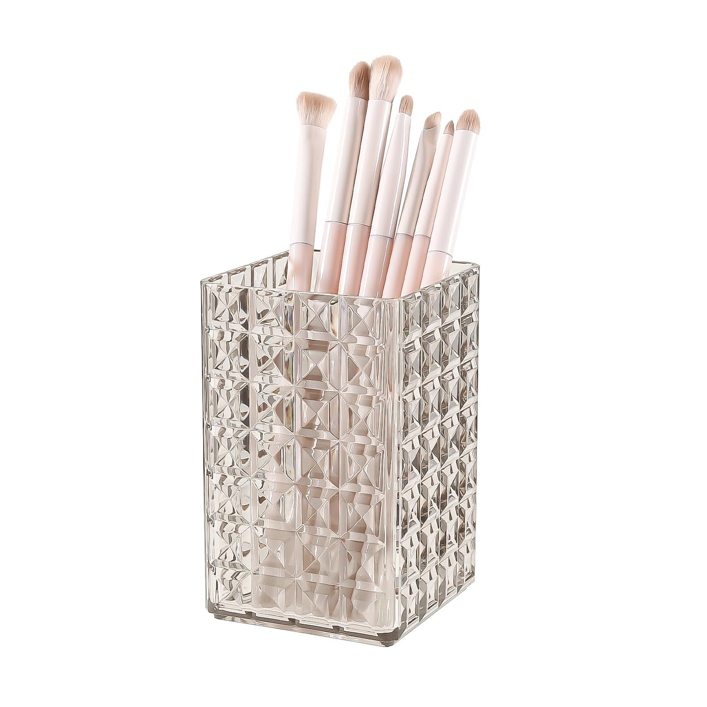 DASITON Makeup Brush Holder Organizer, Acrylic Makeup Brush Cup, Diamond Striped Make Up Brush Holder for Vanity, Bathroom Countertop, Toothbrush Holders, Pen Holder for Desk Storage (Gray)