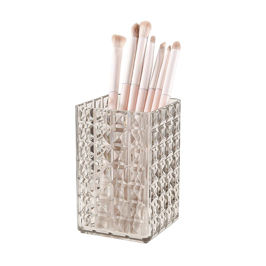 DASITON Makeup Brush Holder Organizer, Acrylic Makeup Brush Cup, Diamond Striped Make Up Brush Holder for Vanity, Bathroom Countertop, Toothbrush Holders, Pen Holder for Desk Storage (Gray)