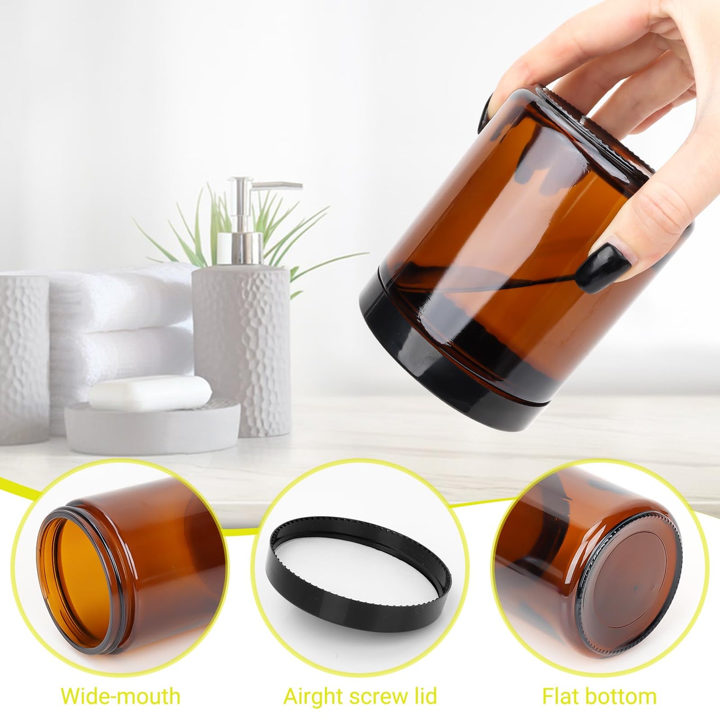 Keketin 8 oz Amber Glass Jars,16 Pack Empty Cosmetic Containers with Inner Liners and Black Lids,Refillable Round Cream Jars for Lotion,Ointments,Bath Salts,Makeup,Slime and Travel