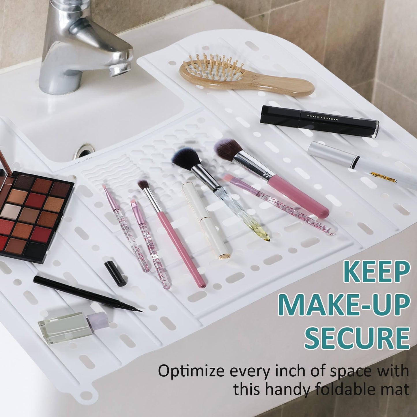 Foldable Sink Cover - Silicone Beauty Makeup Brush Cleaning Mat Tools Organizer with Hanging Loop - for Extra Space & Storage Saver - White