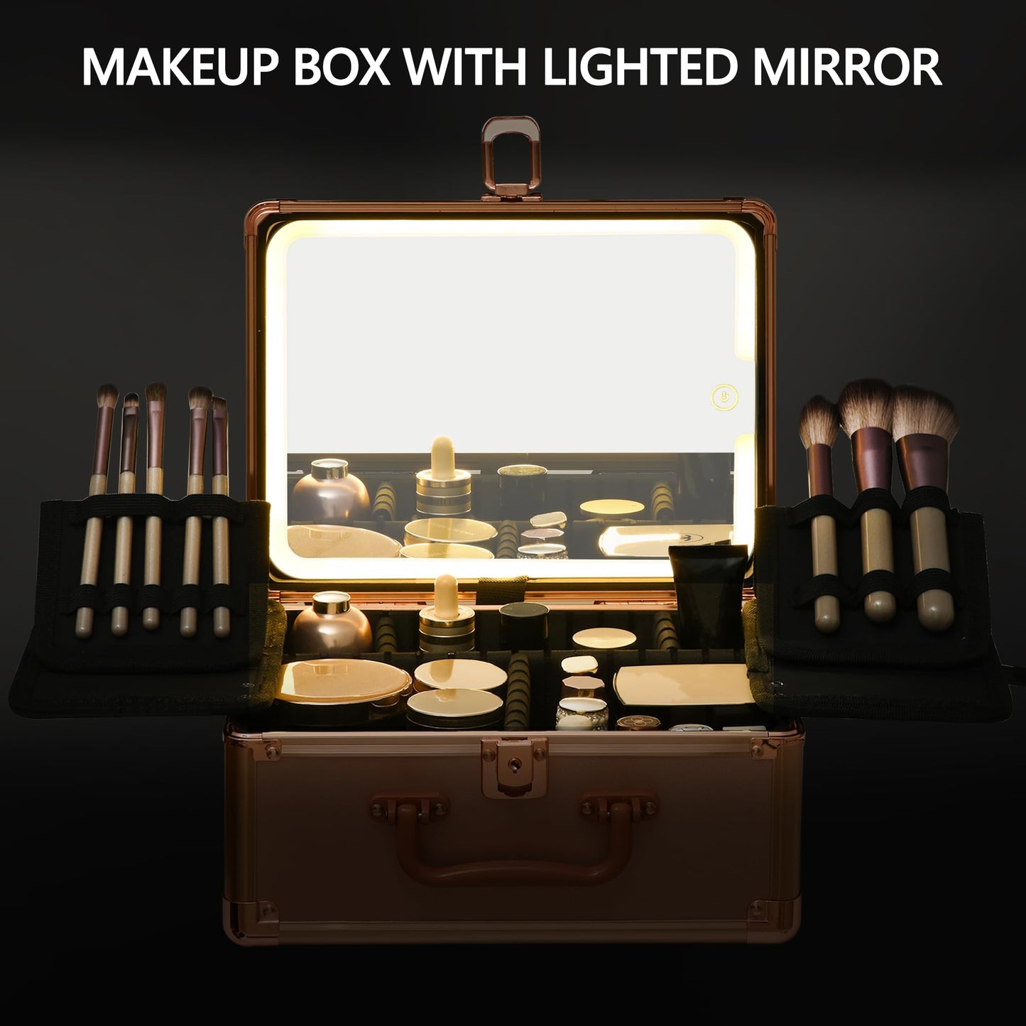 GALHUBIS Rose Gold Makeup Case with Lighted Mirror, Detachable LED Mirror, Travel Makeup Train Case, Waterproof Cosmetic Organizer, Standing Makeup Brush Holder, Gift