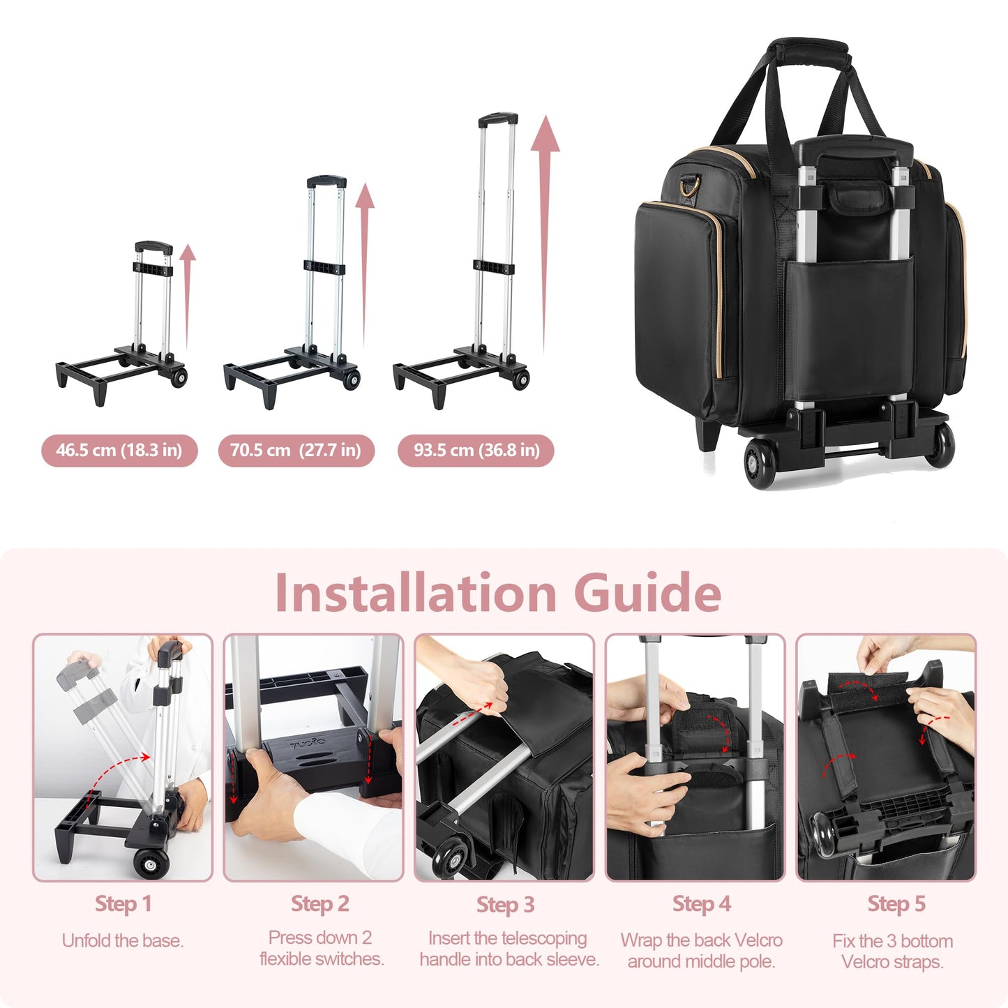 Prokva Rolling Makeup Case with 4 Removable Bags, Professional Makeup Train Case with Wheels, Makeup Artist Travel Bag with Brushes Storage Section, Black (Patent Design)