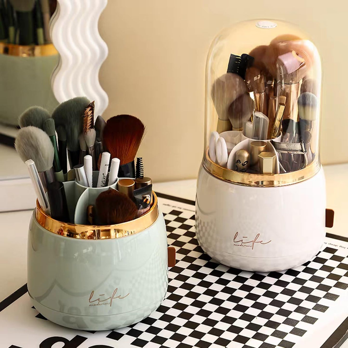 YZEASYPINK 360 Rotating Makeup Brush Holder with Lid Clear Dustproof Make Up Organizers for Vanity Countertop Includes a Foldable Bowl for Cleaning Makeup Brush Transparent Dustproof (White)
