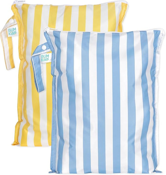 Bumkins - Larger Waterproof Wet Bag - For Baby, Travel, Swim Suit, Cloth Diapers, Pump Parts, Pool, Gym, Toiletry, Strap to Stroller - Reusable & Easy to Clean - 2pk - Yellow & Blue Stripe