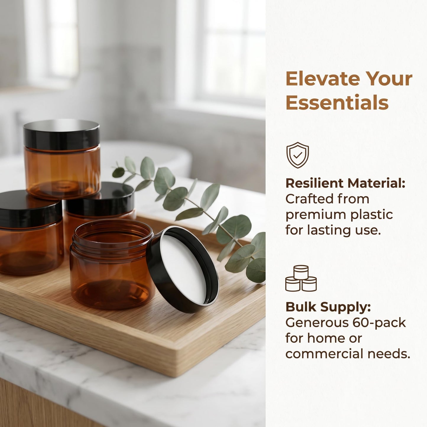 60 Pcs 1.7 oz Amber Plastic Cosmetic Jars with Lids, Leak-Proof Airtight Refillable Containers for Cream, Lotion, Powder, Ointment, Beauty Products, Travel Storage