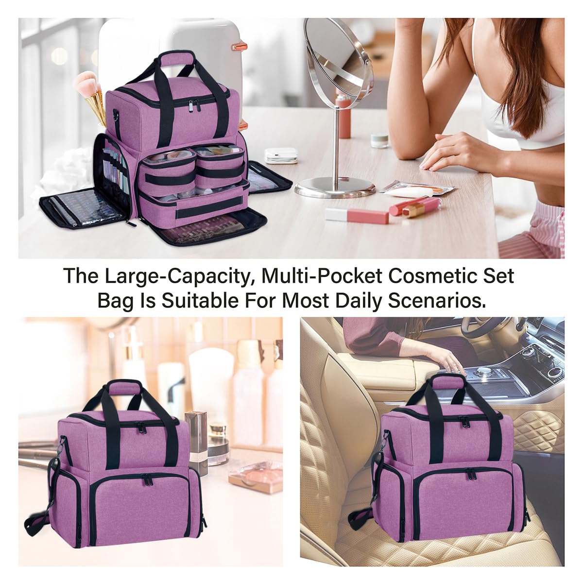 UOZL Large Makeup Cosmetic Bag with 3 Removable Case and 2 Removable Dividers Double Layer Travel Storage Organizer, Makeup Brushes Storage Section Purple