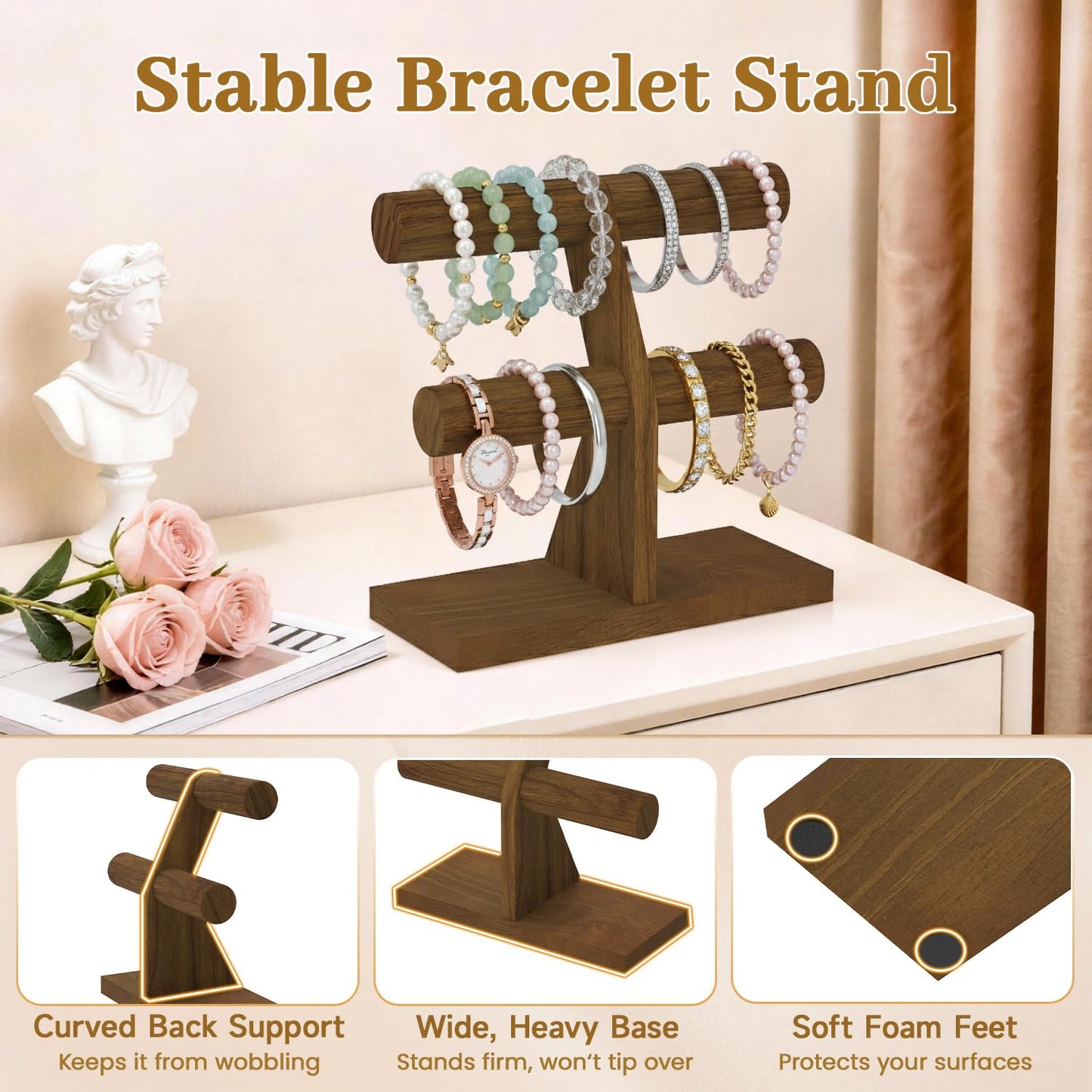 MODOWEY Bracelet Holder Organizer Display Stand, 2 Tier Wooden T Bar Bangle Rack for Dresser, Small Jewelry Hanger with Rod for Vendor Selling, Desktop Vertical Jewellery Tree for Home Business, Brown