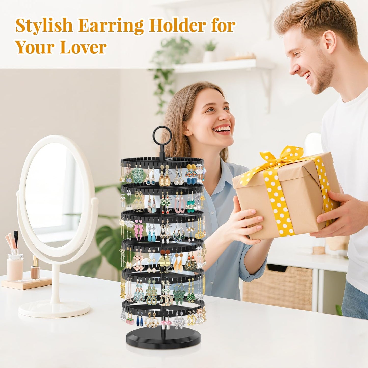 EsLuker.ly Earring Holder Organizer Rotating Stud Display Tree Rack with 342 U-Slots for Women Girls, Large Adjustable 6 Tier Plastic Storage Stand with Metal Tray for Pierced Hoop Post Earring, Black