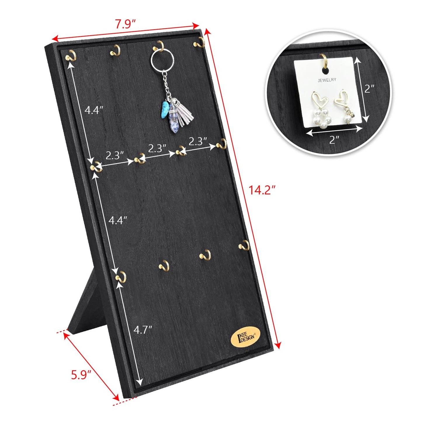 Ikee Design Wooden Jewelry Display Stand with 12 hooks, Earring Display with Hooks, Bracelet, Earring, Keychain Stand for Selling,7.8W x 7.8D x 15.9H in, Black Color