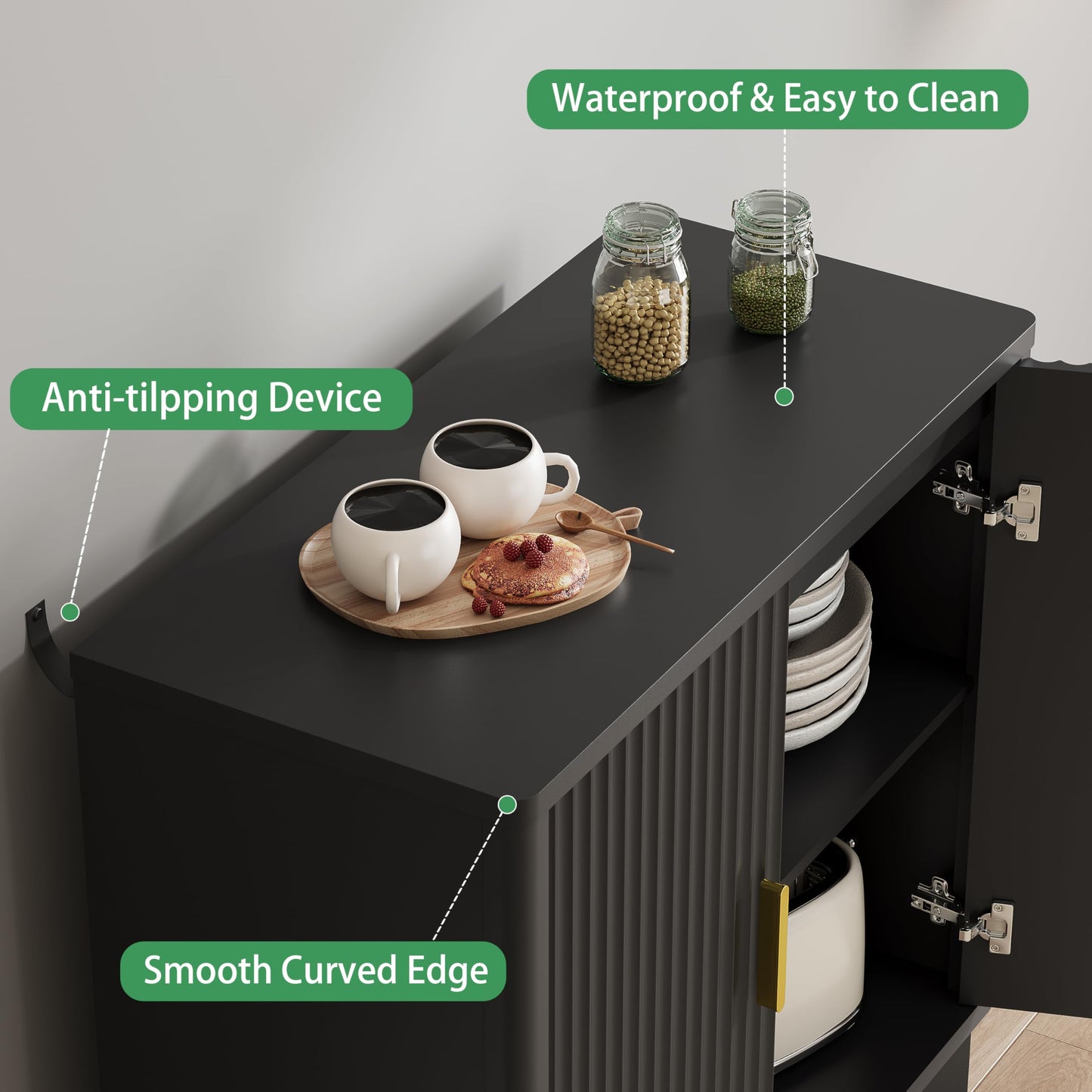 Xixini Fluted Buffet Sideboard Cabinet with Storage, 30" Mid Century Modern Coffee Wine Bar with Adjustable Shelves, Wood Small Buffet Table with 2 Doors for Kitchen, Dining Room, Living Room, Black