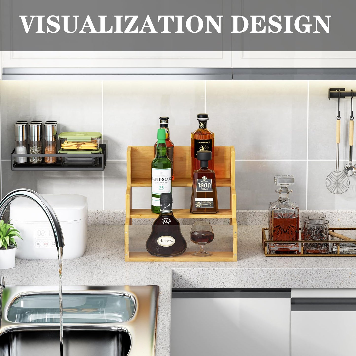 AEEHFENG Liquor Bottle Display Shelf Bar Shelves - Bamboo 12 Bottle Syrup Rack for Coffee Bar, Wine Bottle, Spices, Liquor and Whiskey Bottle Display