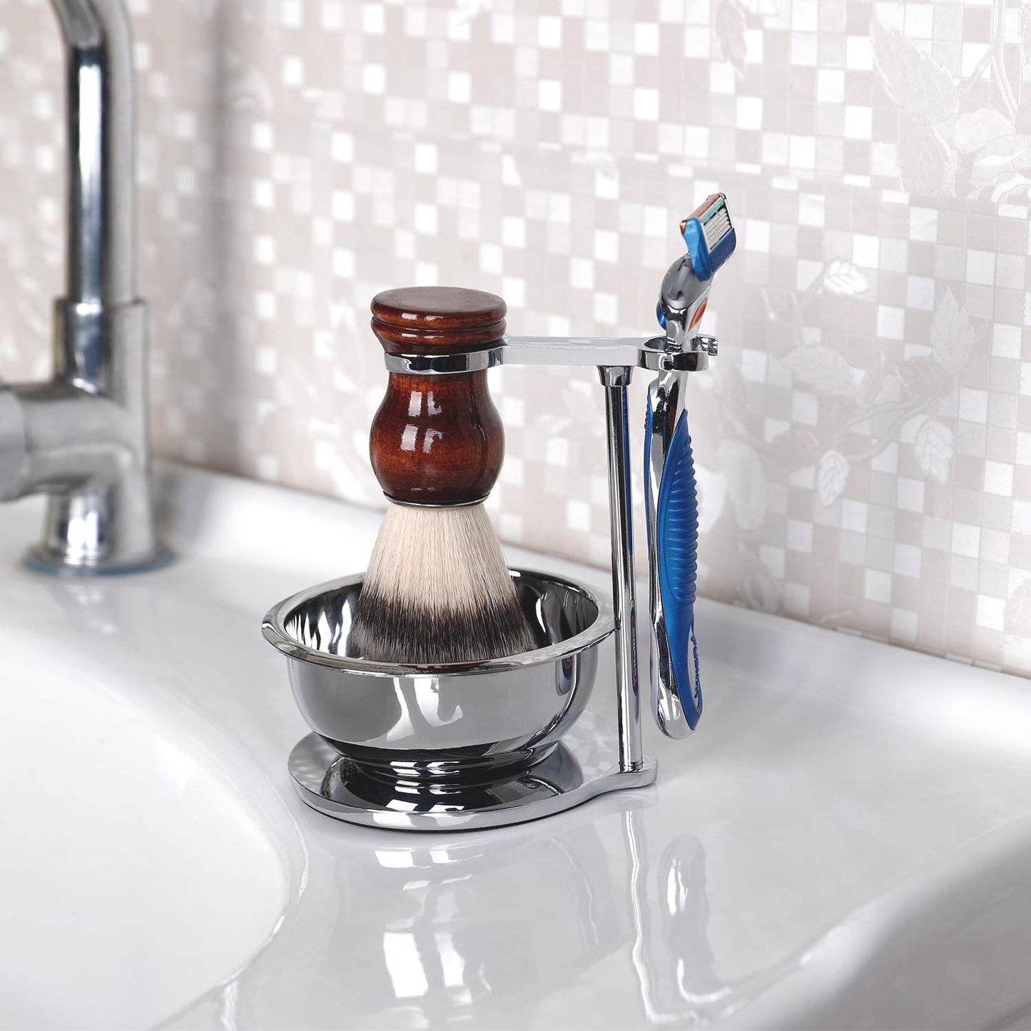 PerPro Deluxe Stainless Shave Razor Stand + Shaving Soap Bowl with Shaving Brush,Compatible with Gillette Fusion,Double Edge Safety Razor,Cartridge Razor