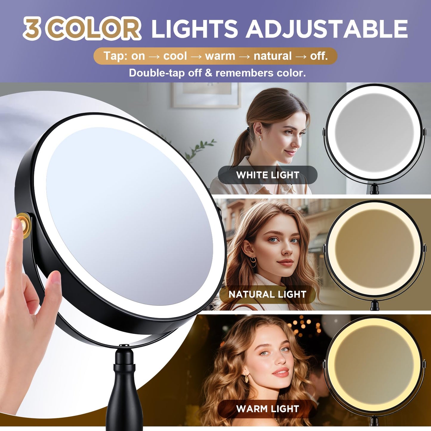 DASLAVA 30X Magnifying Mirror with Lights, 8" Dual Sided (1X/30X) Lighted Makeup Mirror, 360° Swivel, 5000mAh Rechargeable Side Touch & Side Charging, 3 Colors & Dimmable Brightness