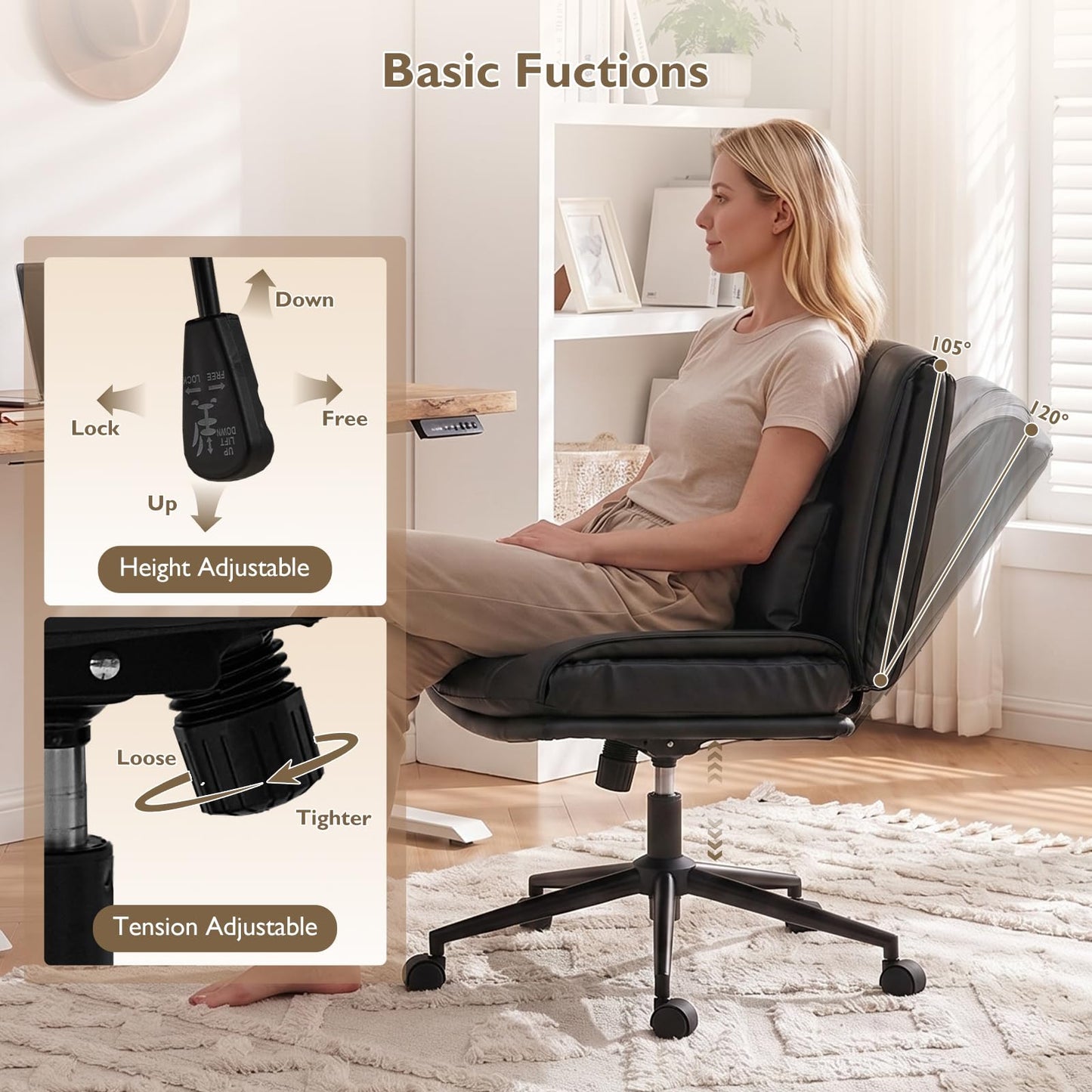 BIAOZHIKE Armless Criss Cross Office Chair with Wheels,PU Leather Black