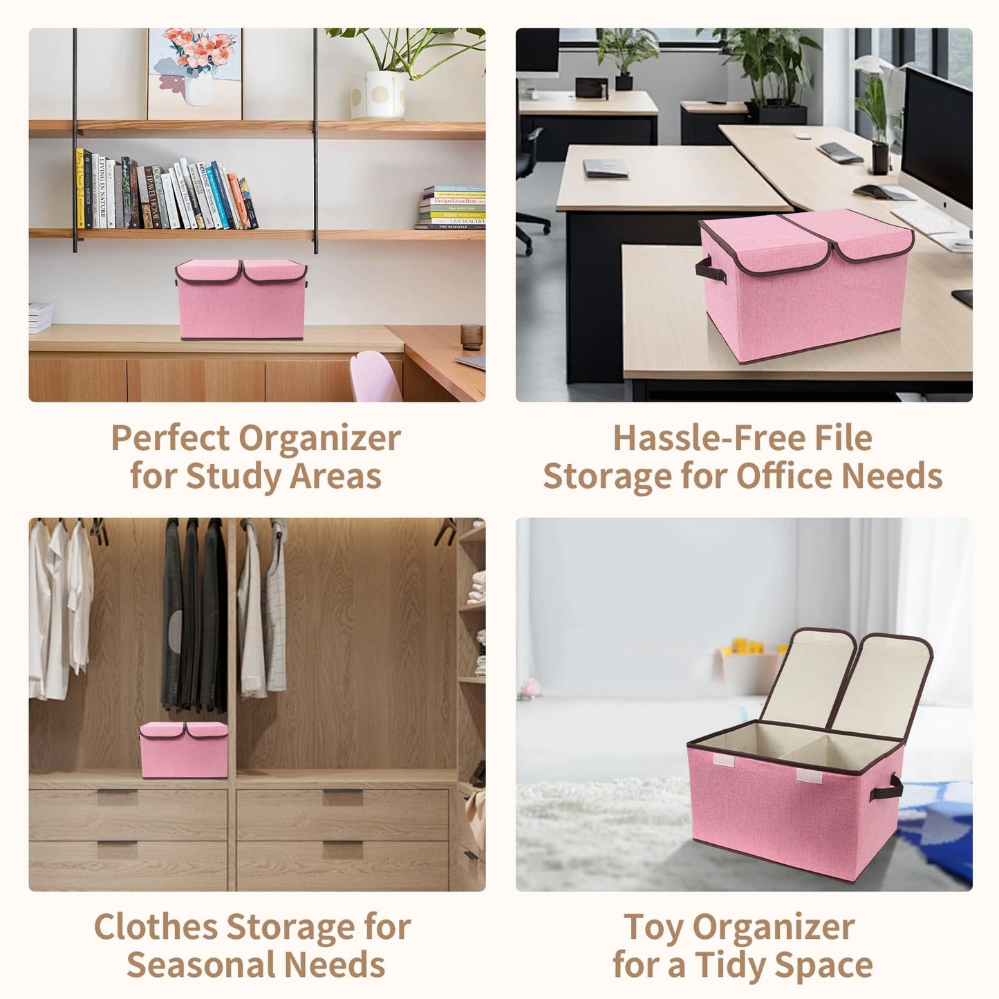 Tcbelosion Foldable Fabric Storage Box with Double-Lid & Dividers, Large Organizer for Home, Closet, Office (Pink, 2 Packs)