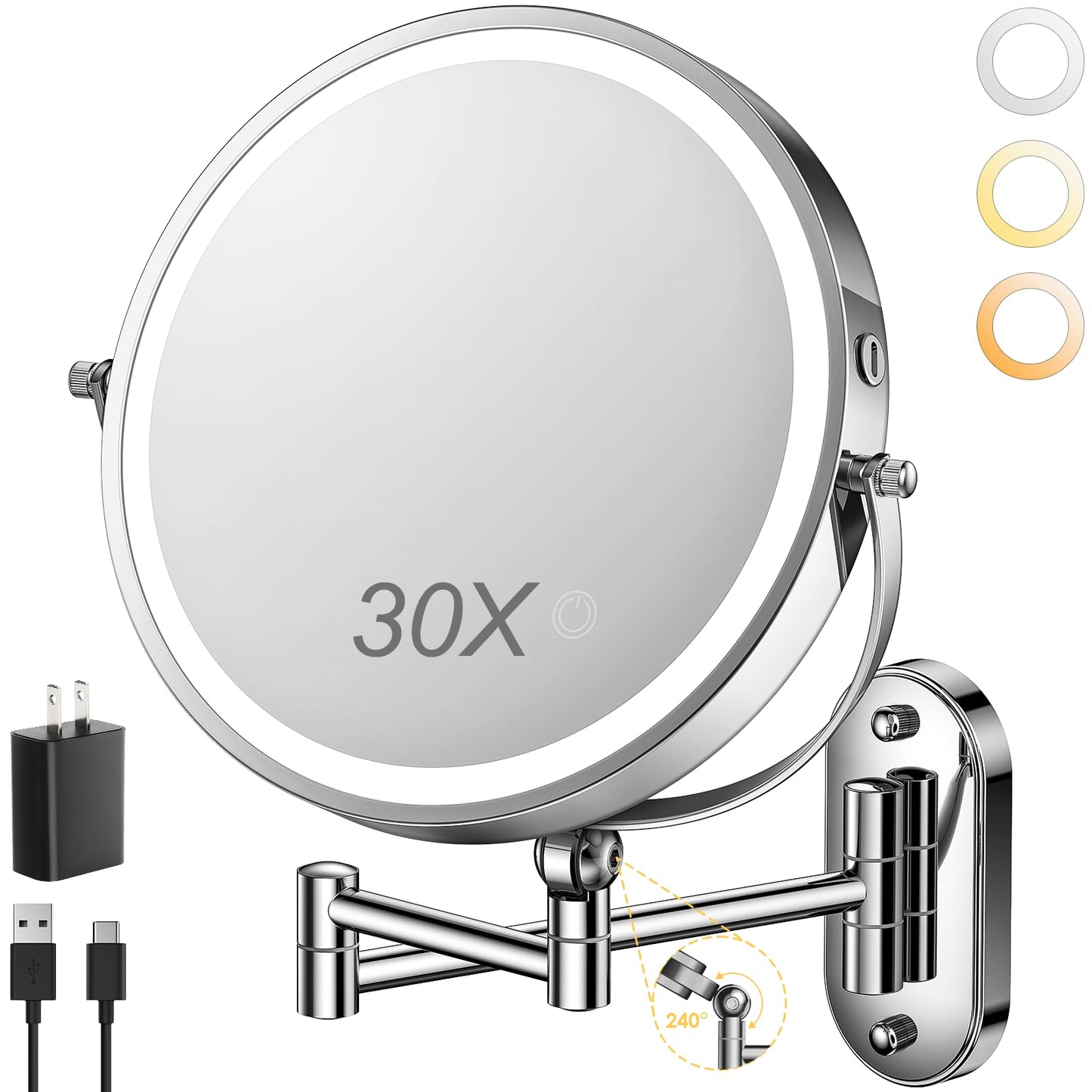 ZLOKLA 9" Wall Mounted Lighted Makeup Mirror,4000mAh Rechargeable Double Sided 1X/30X Magnifying Mirror with Light,Touch Dimmable,Extended Arm 360 Rotation Wall Mounted Makeup Mirror 3 Color Lights-C