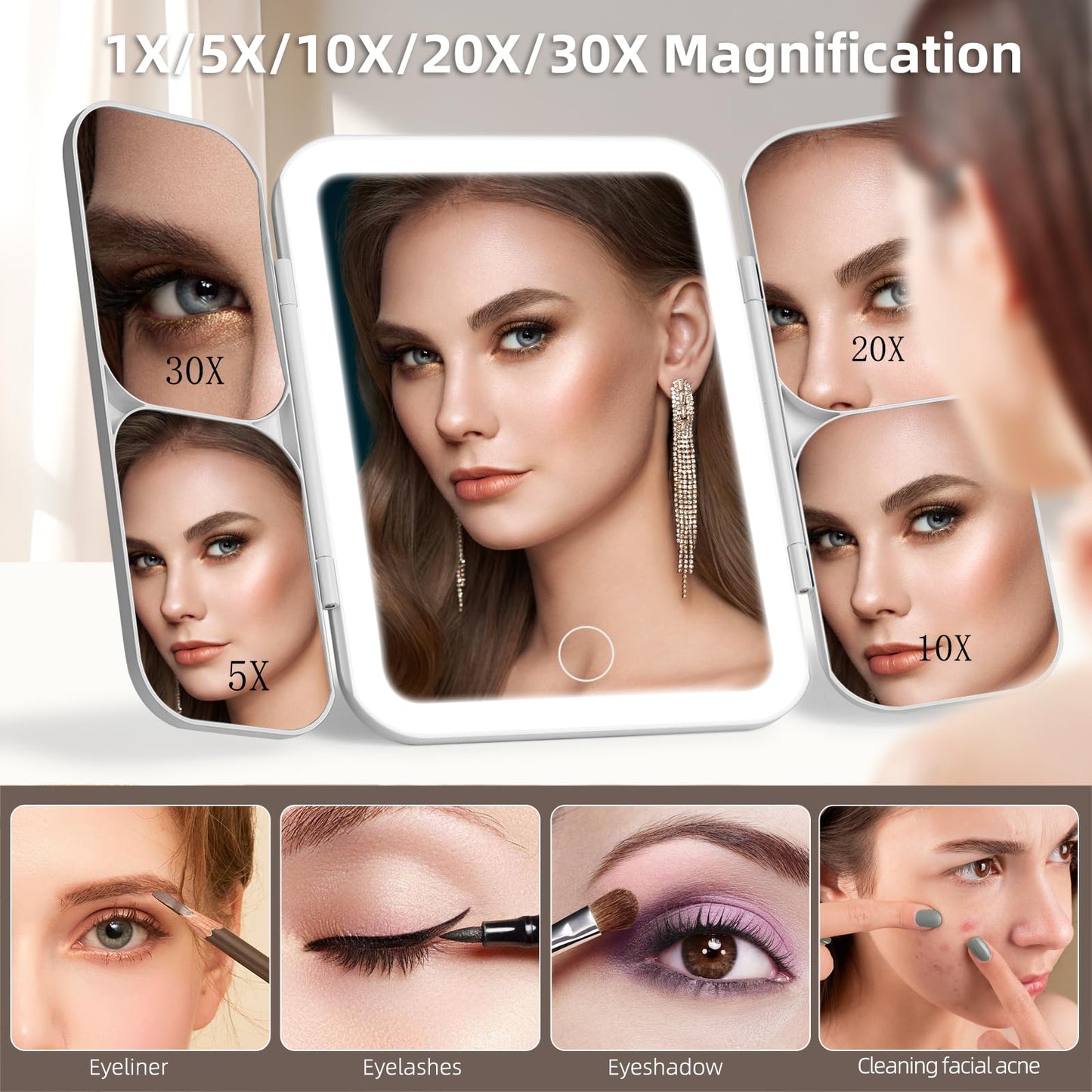 Junyaoxuan Tri-fold Vanity Mirror with Light,1X/5X/10X/20X/30X Makeup Magnifying Mirror with Lights,Rechargeable Travel Makeup Mirror with Foldable Stand,Dimmable in 3 Colors,Touch Control