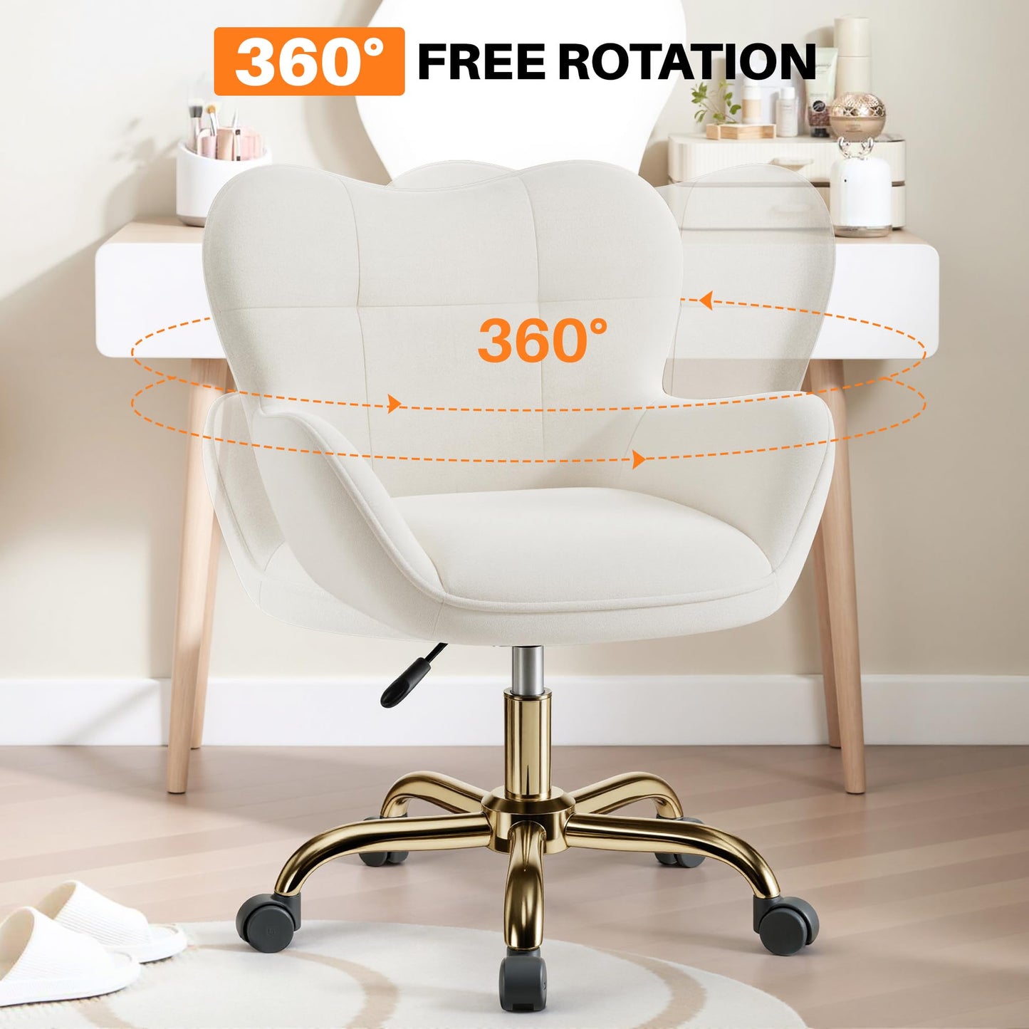 BestEra Vanity Chair with Wheels, Cute Home Office Desk Chairs Adjustable Height for Living Bedroom, Small Modern Fluffy Velvet Makeup Chair with Back for Girls (White)