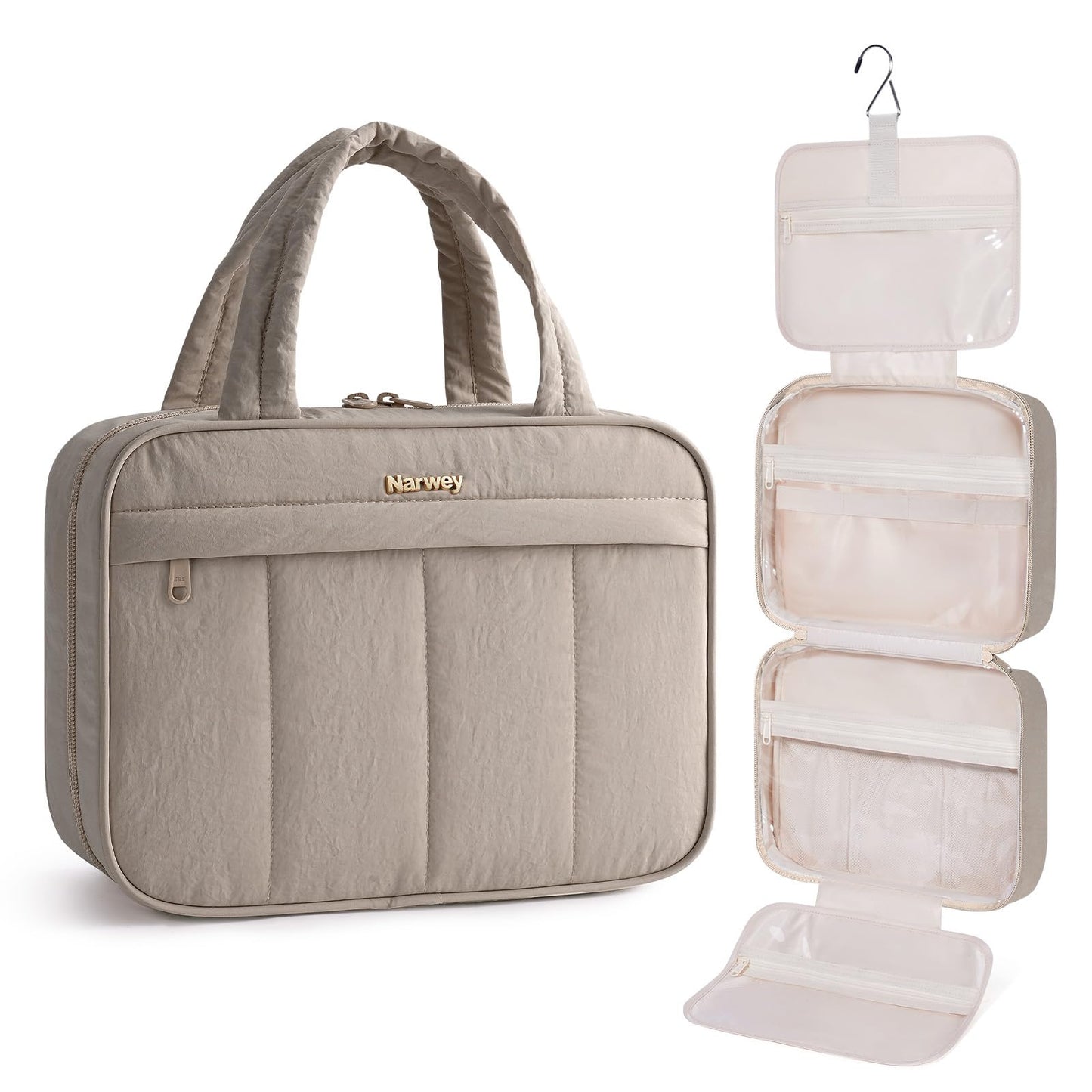 Narwey Hanging Travel Toiletry Bag for Women, Quilted Makeup Bag Organizer with Handle, Travel Bathroom Bag, Portable Toiletries Bag for Essentials, Accessories, Brushes, Cosmetics (Khaki)