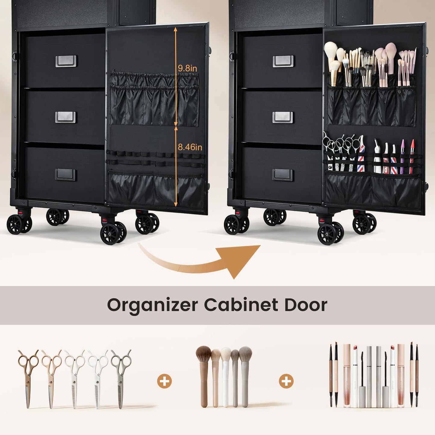Rolling Makeup Case with LED mirror, Cosmetology Case on Wheels with Lighted Mirror, Professional Salon Trolley Cart with 3 Drawers,Travel Makeup Lockable Beauty Organizer with Live Stream Light
