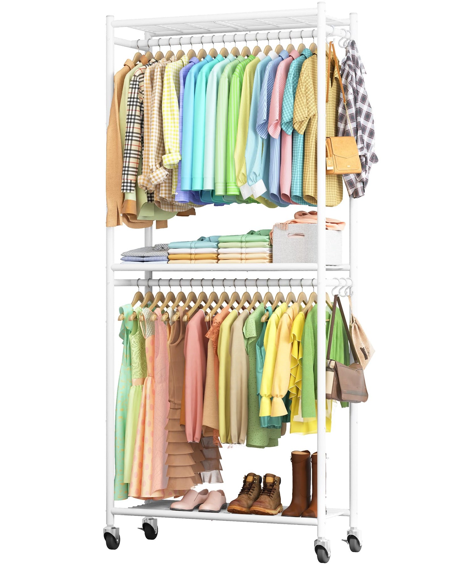 Sakugi Clothes Rack - 33.0" x 12.2" x 79.5" Clothing Rack with Shelves & Wheels, Multi-Functional Wardrobe Closet with Hooks, Sturdy Metal Garment Rack for Bedroom, Laundry, Balcony (White)