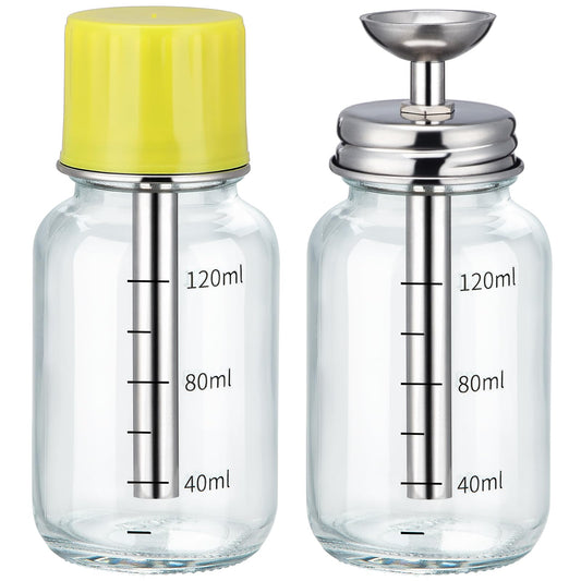 2Pcs 4Oz / 120ml Glass Dispensing Bottles for Chemical & Industrial Liquids, Nail Polish Remover Glass Bottle, Refillable Push Down Dispenser Bottle with Cover, Pump Dispenser Press Container, Clear