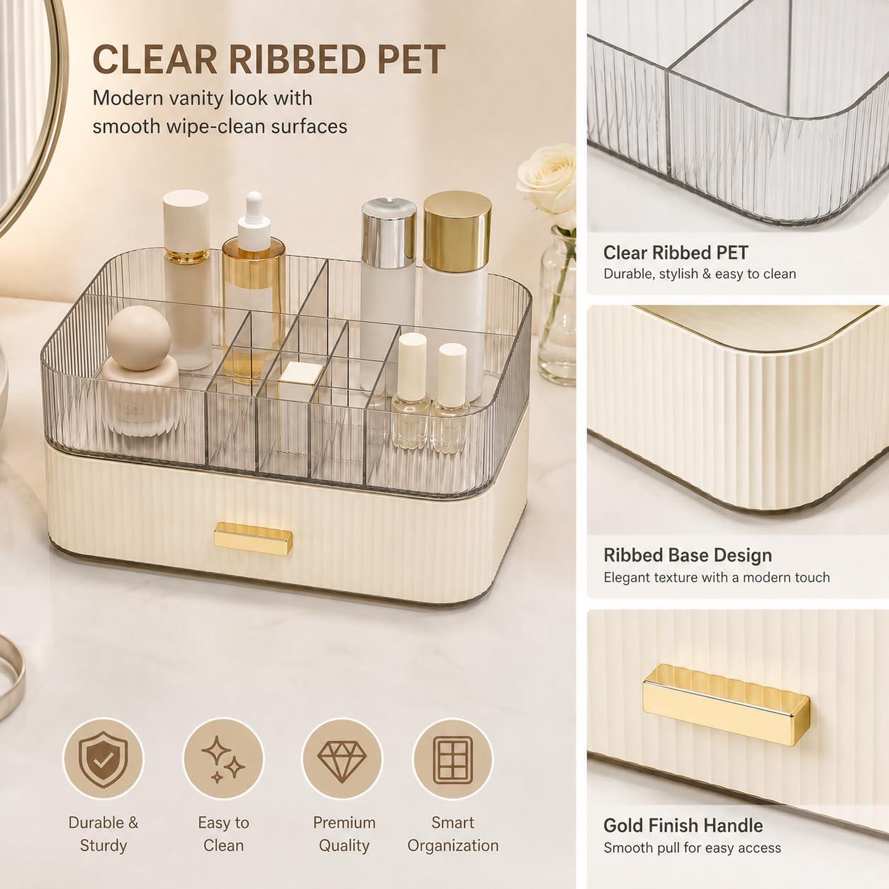 Decorcode Makeup Organizer with Wide Drawer for Vanity, Stackable Cosmetic Organizer Countertop, Clear Skincare Storage for Bathroom Counter, Perfume, Lipstick, Brushes and Palettes, Cream White