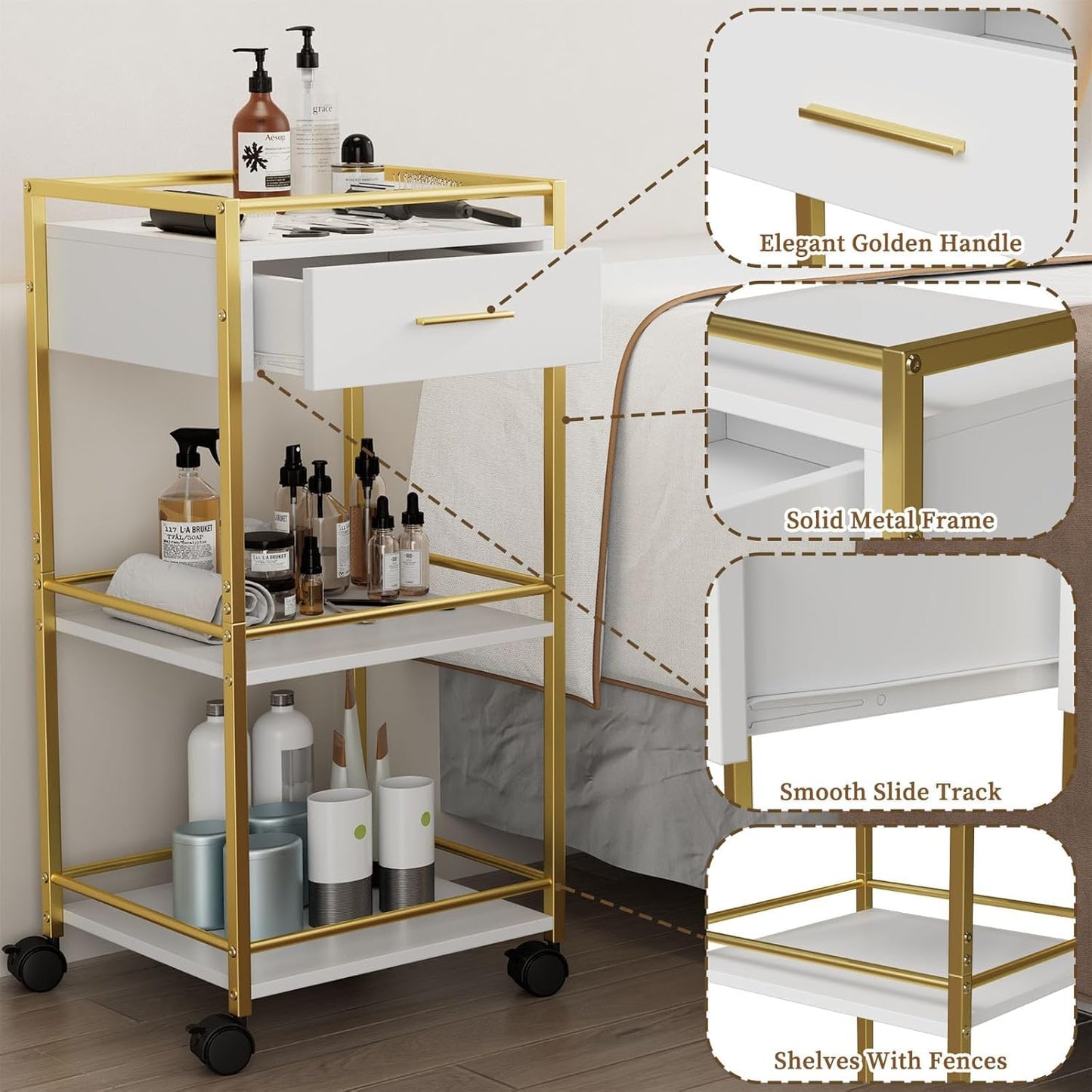 Salon Trolley Cart with Wheels, 3 Shelves & 1 Drawer, Mobile Hair Stylist Station for Tools Storage, Rolling Organizer Cart for Barber & Tattoo Supplies, Durable, Sturdy & Easy to Move