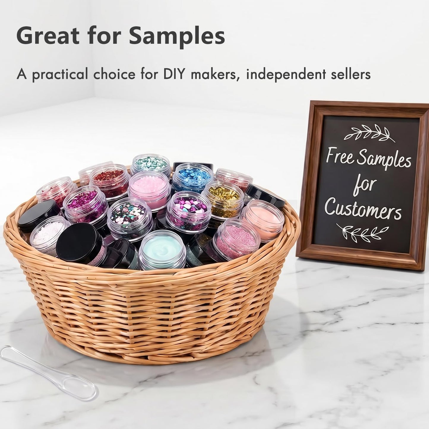 5 Gram Sample Jars with Lids, 100 Count 5ML Empty Cosmetic Containers for Makeup, Travel, Glitter, Lotion, Cream, Beads, with Labels, Mini Spatulas
