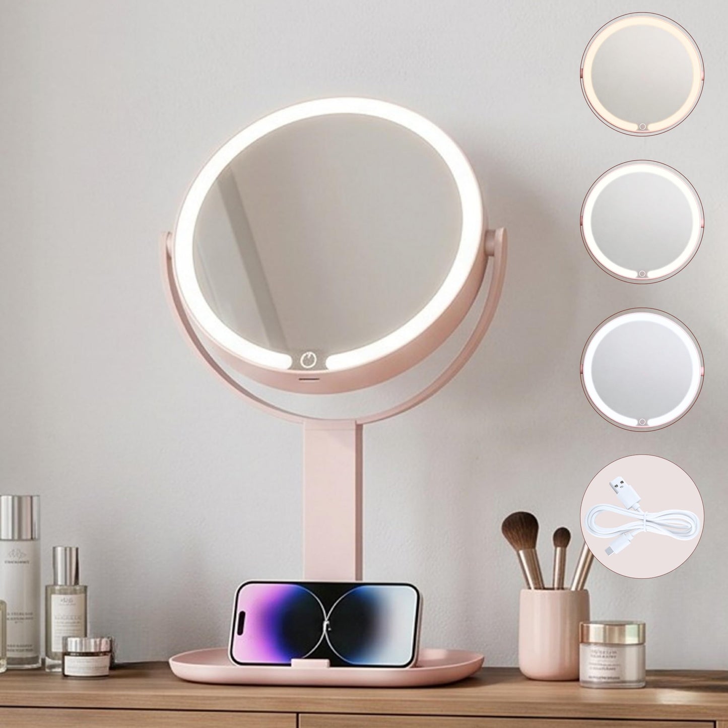DYMOND Makeup Mirror with Lights, 1X/10X Double Sided Magnifying Mirror with Lights for Vanity Makeup Height Adjustable with Phone Holder Tray, Rechargeable with 3 Colors Dimmable, Pink