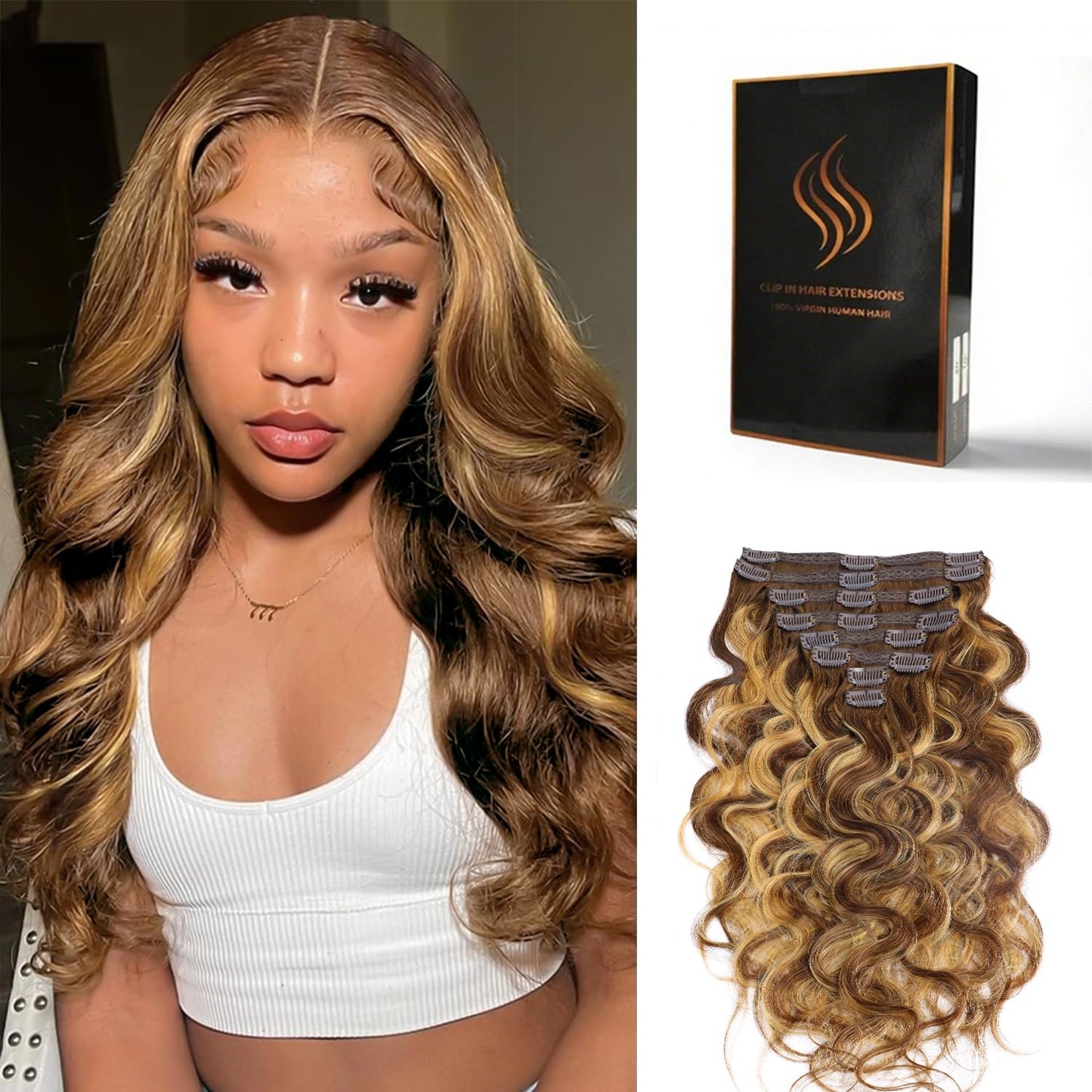 Tandulo Human Hair Clip In Hair Extensions Body Wave Clip ins 100% Brazilian Remy Human Hair (#4/27, 18 Inch)