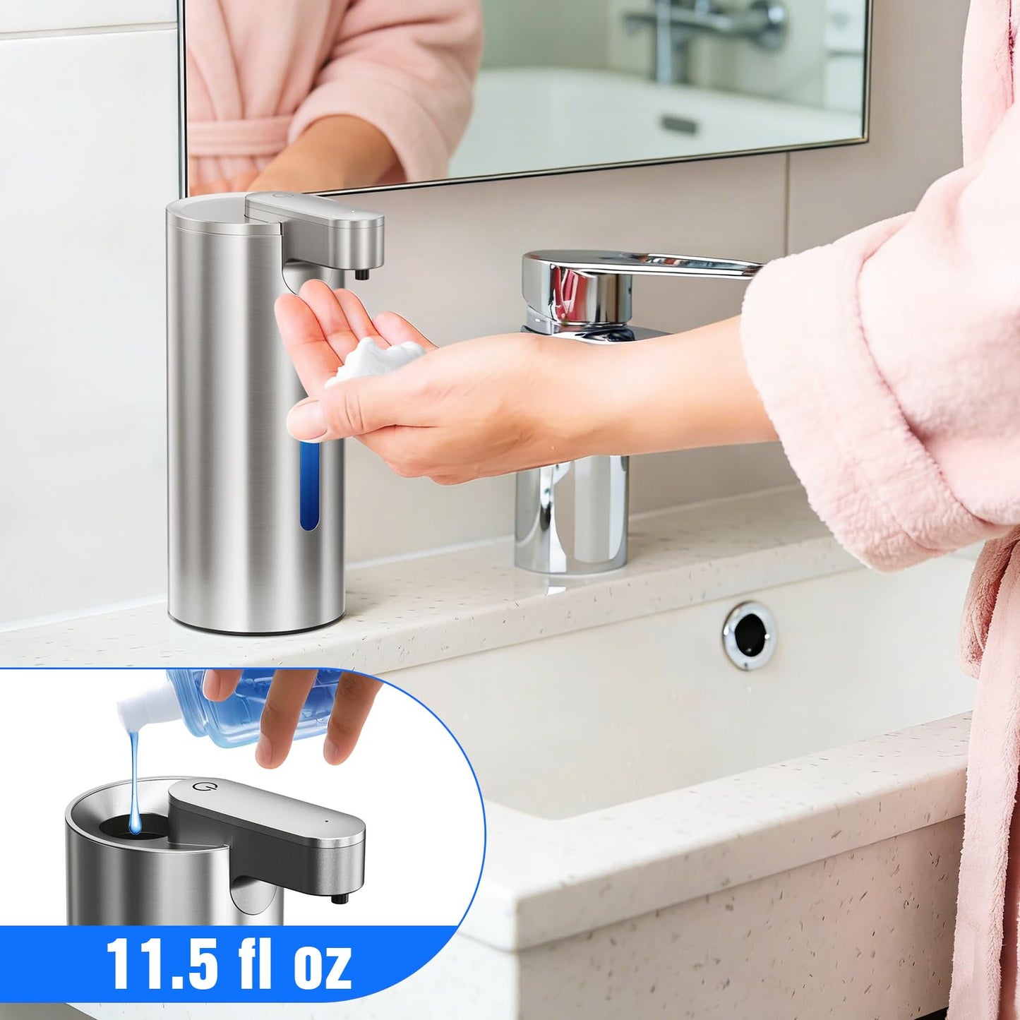 Fantictas Touchless Foaming Soap Dispenser, Stainless Steel Automatic Foam Soap Dispenser, USB-C Rechargeable Sensor Pump with 3 Adjustable Levels, 11.5 oz for Bathroom & Kitchen