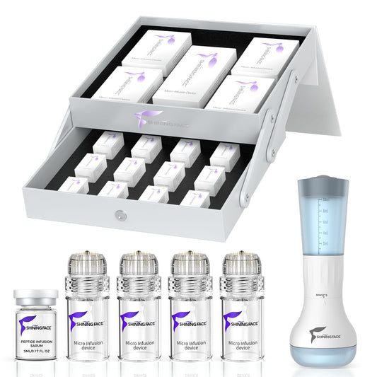 Micro Infusion System for Face & Neck-Micro Infusion Kit to Leave Skin Firmer & Smoother-0.25mm Facial Stamp with Collagen & Hyaluronic Acid Serum for At Home Glow and Anti-aging-3 Month Supply