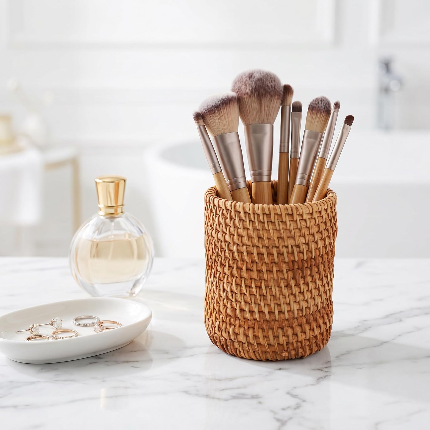 Okllen 2 Pack Rattan Pencil Holder, Handmade Wicker Pen Cup Makeup Brushes Holder, Woven Vine Desk Organizer Pen Container Box for Office & Home Desktop, Kitchen Utensil Cutlery, Cylinder