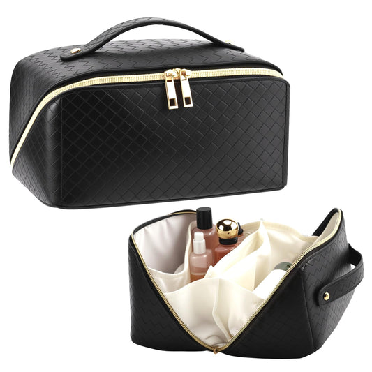 VERNASSA Large Capacity Travel Makeup Bag for Women, Waterproof Portable Cosmetic Bag with Compartments, Foldable Flat Lay Design for Easy Access, Perfect for Toiletries & Beauty Essentials (Black)