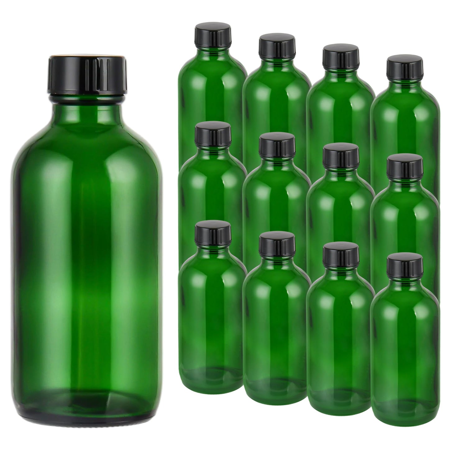 Exlvanto Small Glass Bottles with Lids Boston Round Shot Bottles for Health, Immunity, Ginger Juice, Essential Oils, Potion - Leak Proof Mini Travel Containers (Green UV, 4oz-12Pack)