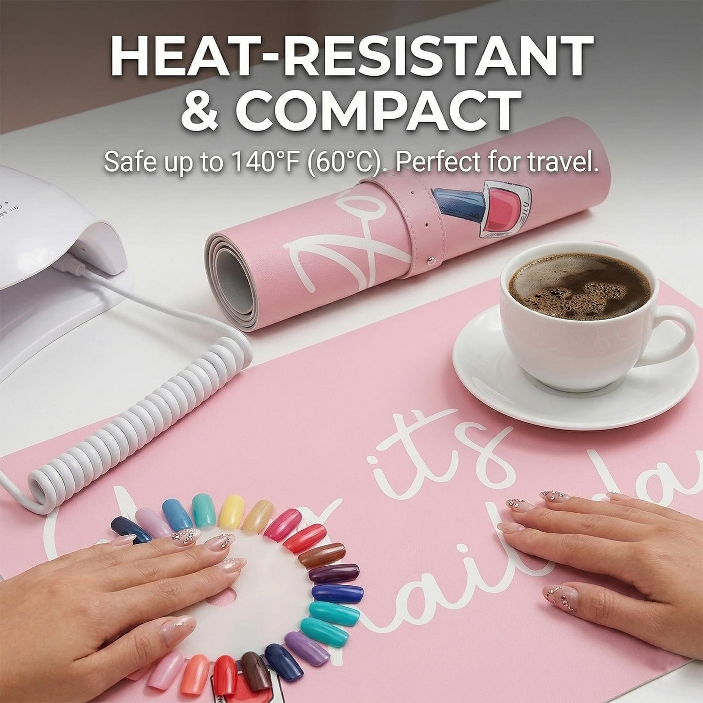 "Yay It's Nail Day" PU Leather Nail Art Table Mat (Mat Only) – Reversible Manicure Desk Protector & Arm Rest Pad for Acrylic Nails, Nail Techs, and Home Salons