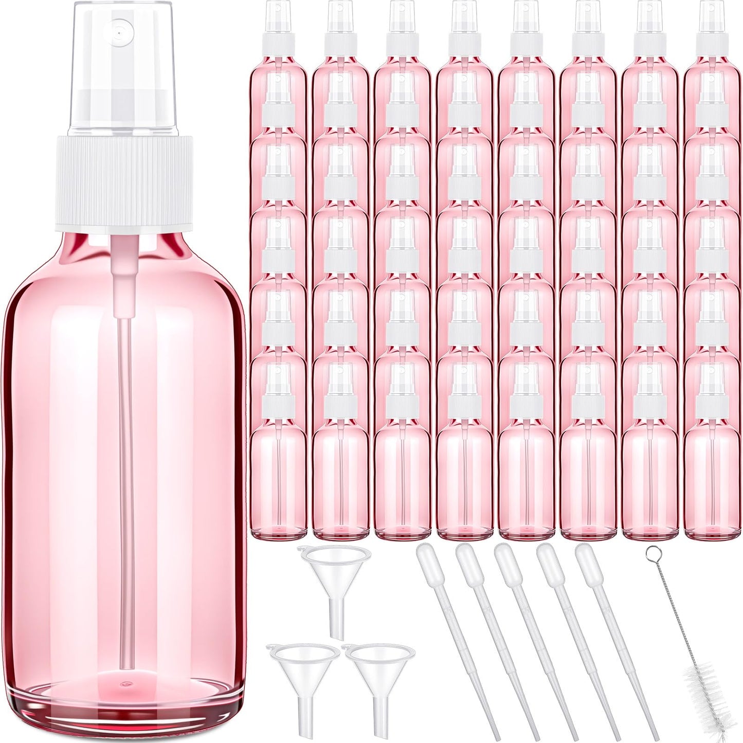 Nuogo 50 Pieces Mini Glass Spray Bottles Bulk 4 Oz Fine Mist Bottles with Funnel Dropper and Cleaning Brush Refillable for Essential Oils, Perfumes and Aromatherapy (Pink)