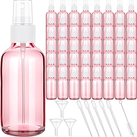 Nuogo 50 Pieces Mini Glass Spray Bottles Bulk 4 Oz Fine Mist Bottles with Funnel Dropper and Cleaning Brush Refillable for Essential Oils, Perfumes and Aromatherapy (Pink)