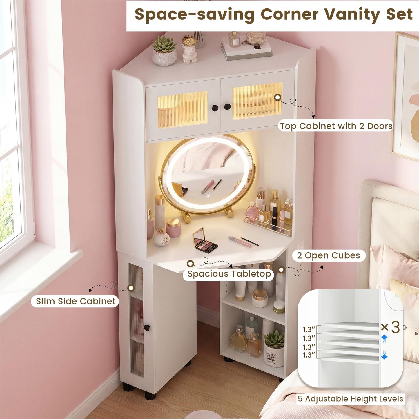 CHARMAID Corner Vanity Desk with LED Mirror & Lighted Fluted Cabinet, White Makeup Vanity Table with Charging Station, Adjustable Shelves, Space Saving Dressing Table with Stool for Small Bedroom