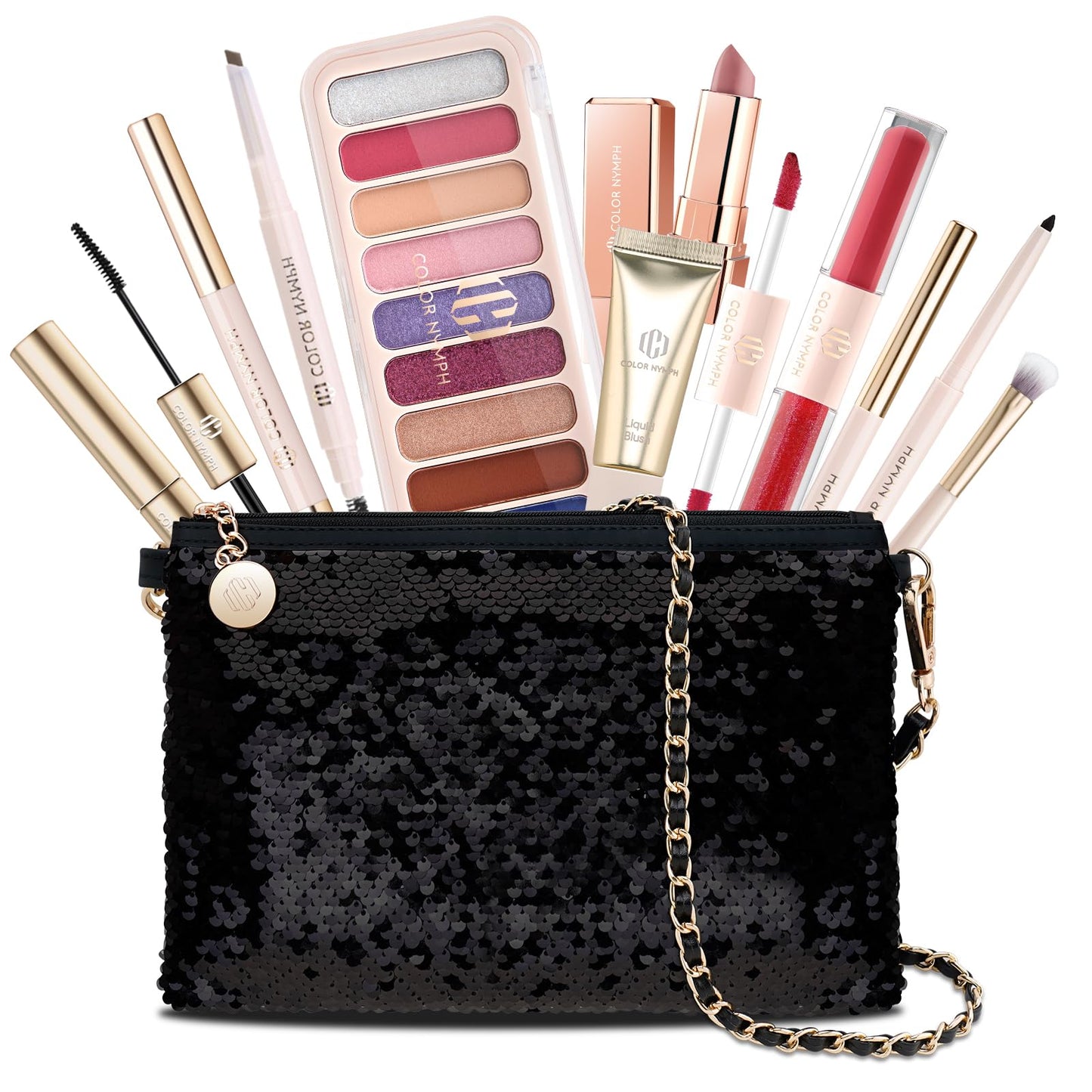 Color Nymph Makeup Kit for Women, Girls Beginner All In One Makeup Set with Sequin Bag, 9-Color Eyeshadow Palette, Lip Gloss, Eyeliner, Mascara - Orange Blue, Sparkling Party Wedding Evening Bag