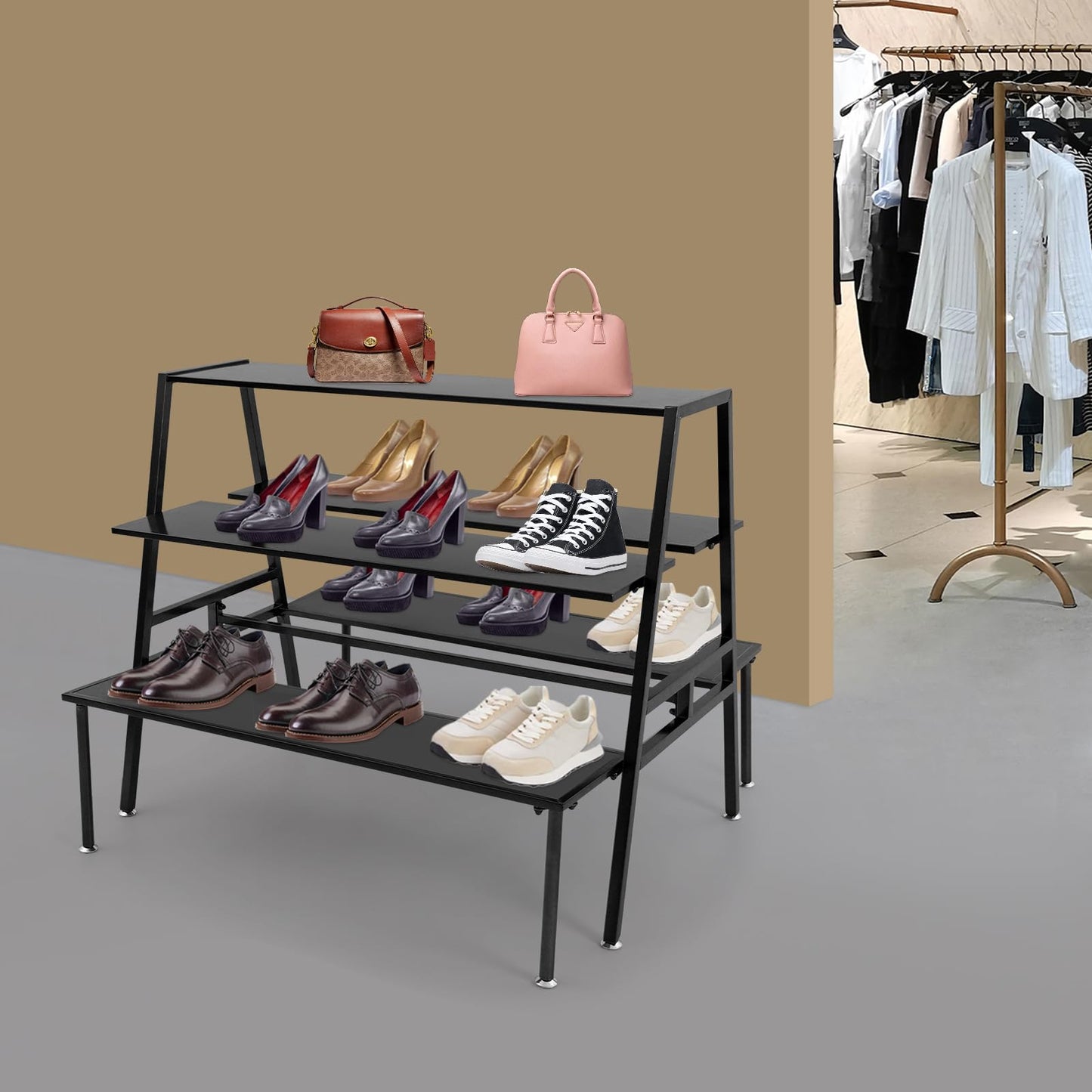 Nesting Tables for Retail Display, 3 Tier Metal Shoe Handbag Display Stand, Black Modern Retail Display Tables for Boutiques, Floor Standing Double Side Display Riser Shelf for Clothing Stores