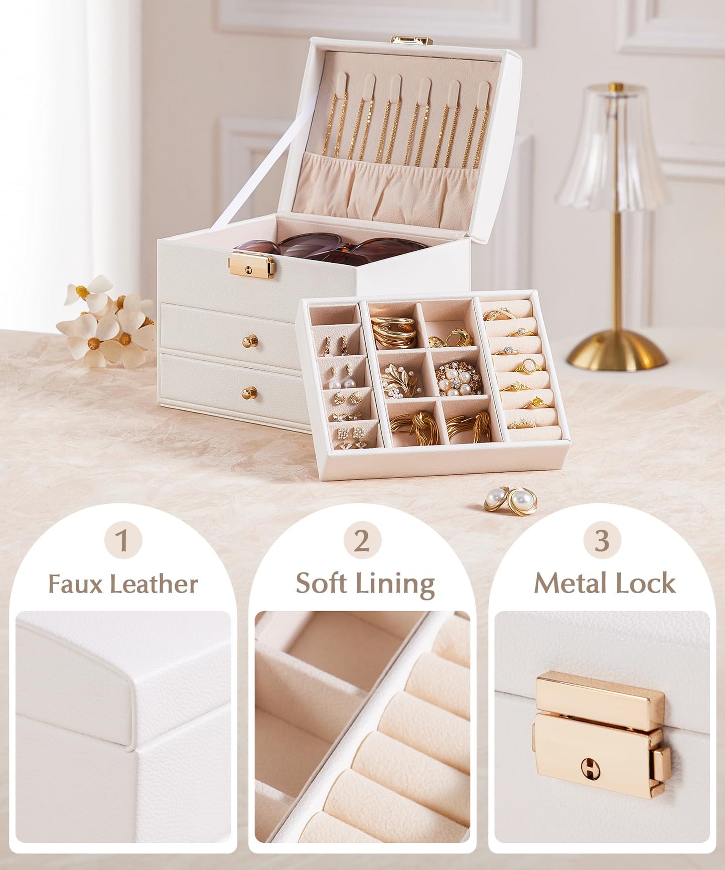 Homde Small Girls Jewelry Box, Cloud White, 3 Layer with Lock