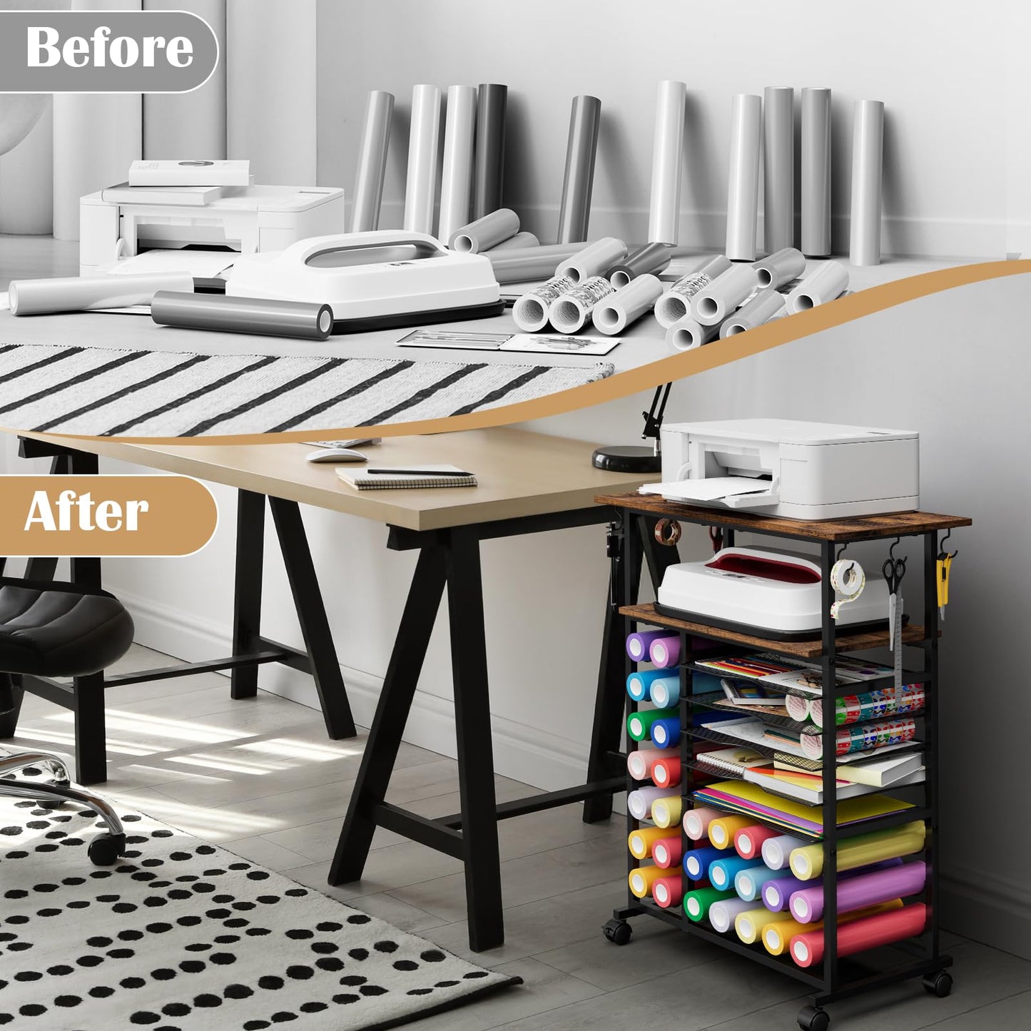 Craft Organizers and Storage Compatible with Cricut Machine Rolling Craft Storage Cart with 29 Vinyl Roll Holders & 6 Hooks Crafting Table Organization Workstation for Craft Room Home, Rustic Brown