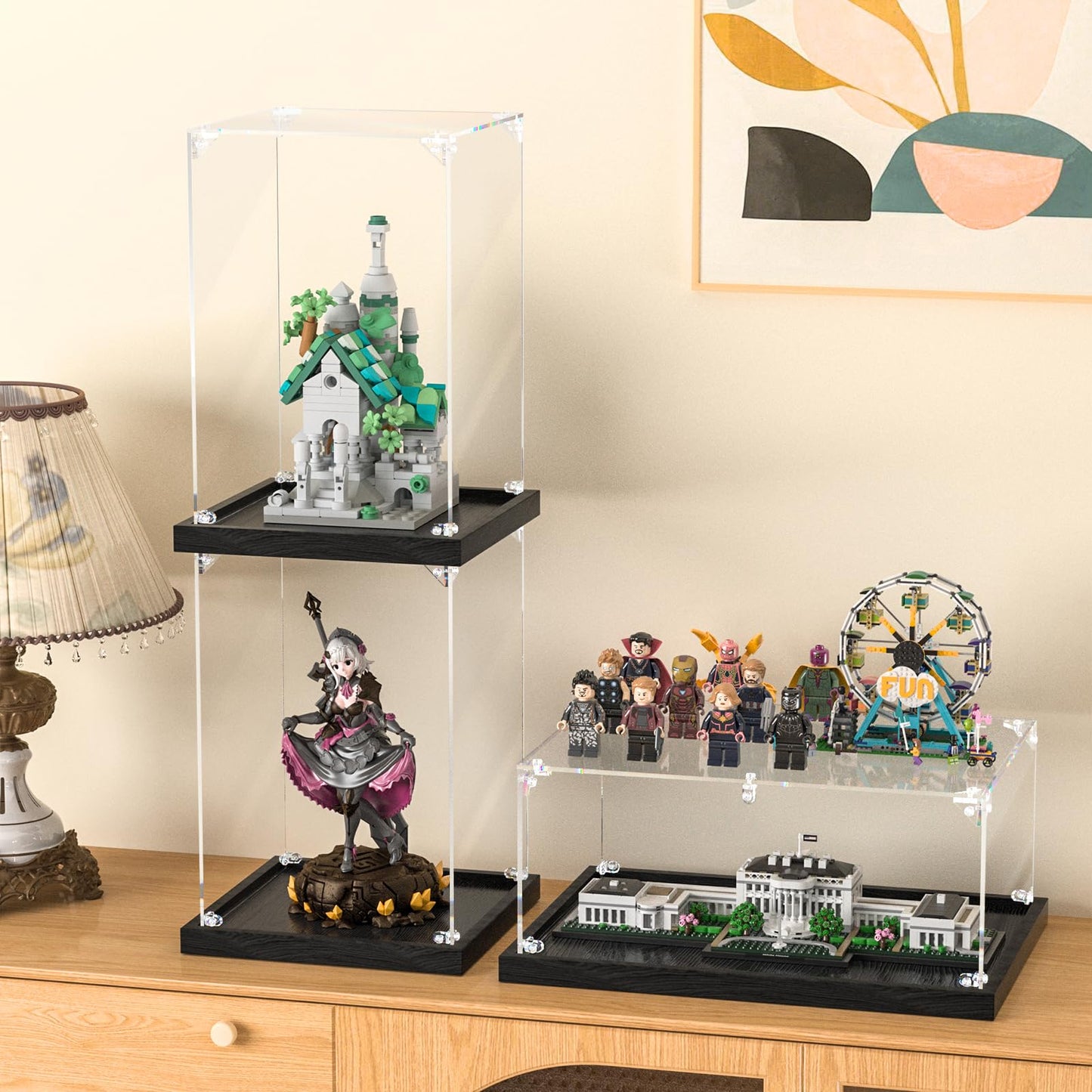 JUJOMAT Acrylic Display Case for Collectibles Clear Acrylic Display Box for Lego Action Figures Doll Hobby, Dustproof Stackable Storage Case, Assembly Required, Black Base (6 x 6 x 8 inches)