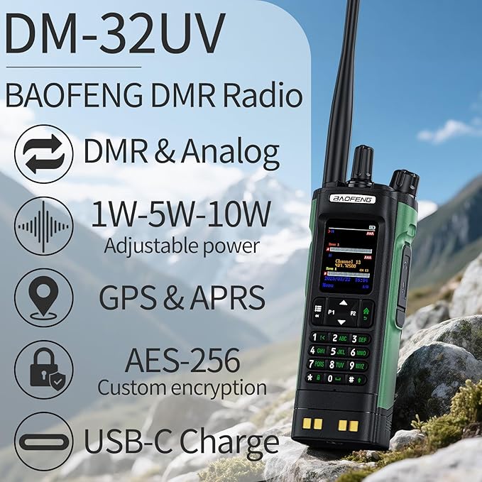 BAOFENG DM32 DMR Handheld Radio with USB-C Charging, GPS, 10W Long Range Walkie Talkie for Emergency Rescue & Outdoor Sports DM-32UV (1 Pack Green)