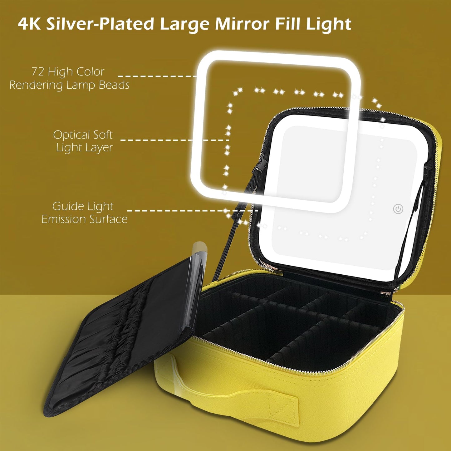 MOMIRA Travel Makeup Bag Cosmetic Bag Makeup Organizer Bag with Lighted Mirror, Adjustable Brightness in 3 Color Scenarios, Waterproof Makeup Train Case, Gift for Women - Yellow